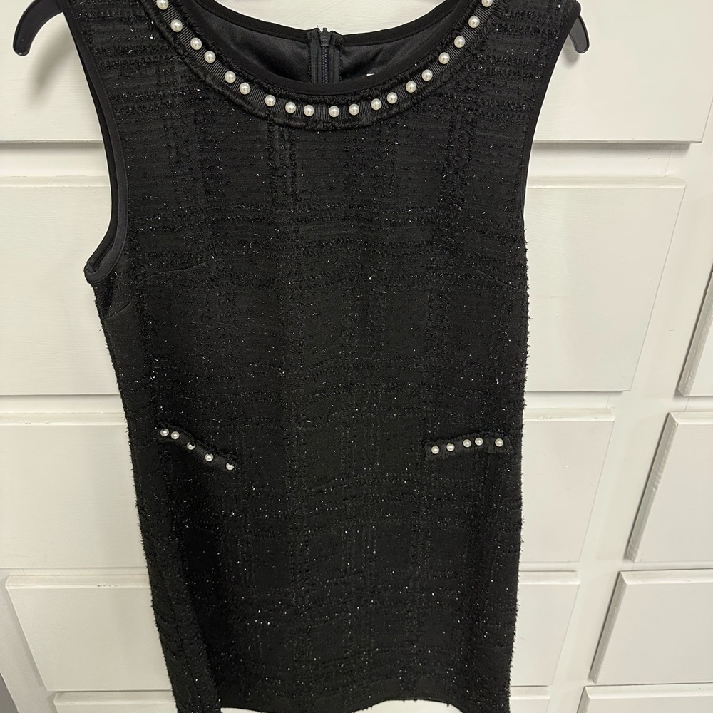 SCAPA LAUREN PERRE LARGE Pearl-Trim Sleeveless Black Tweed Shift Dress with coat